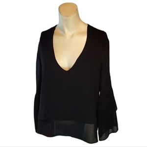 VERONICA M Sheer Black Crop Top Black Lined Long Sleeves Trumpet Flared At End